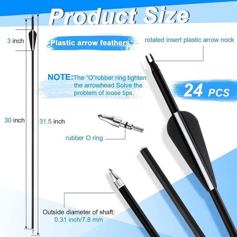 Arrowbash 24 Pcs 31.5 Inch Arrows for Compound Bow Hunting Arrows Carbon Arrows with 3 Inch Plastic Arrow Feathers and Removable Tips 500-600 Spine Archery Target Arrows for Recurve Bow - Image 2